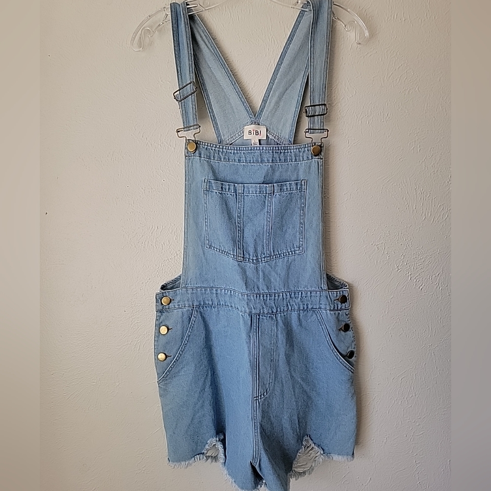Bibi Anthropologie Denim Shortall Overall Distressed fringe